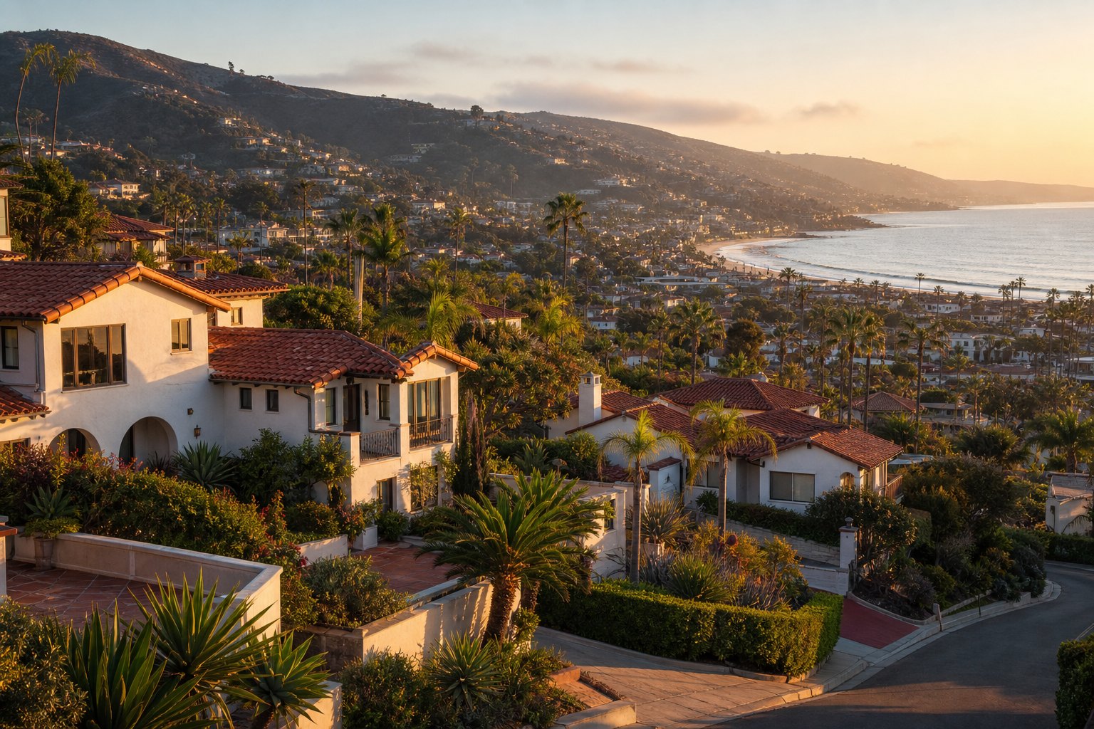 Southern California coastal hillside neighborhood at golden hour