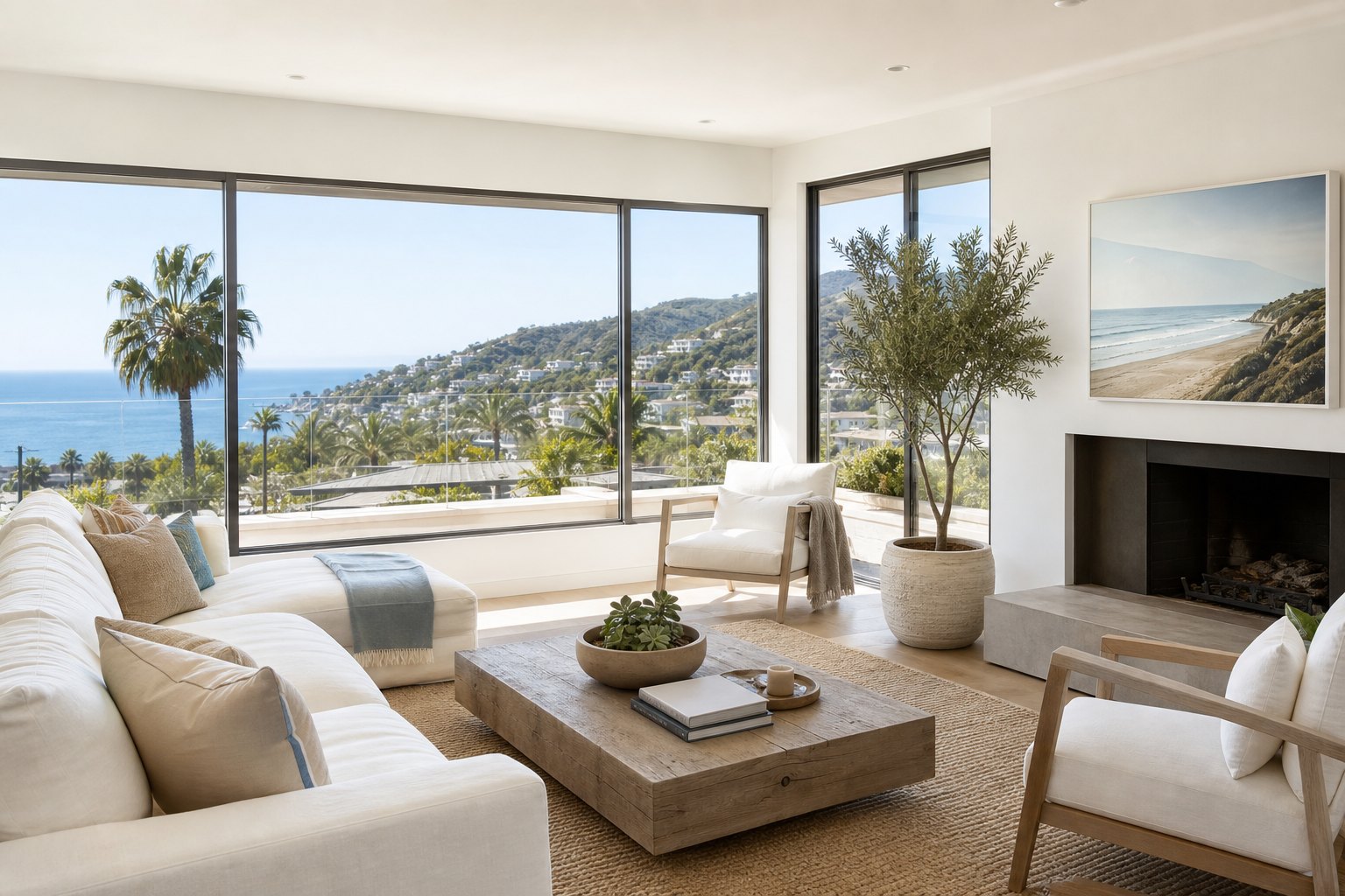 Bright Southern California living room, representative of the area's homes
