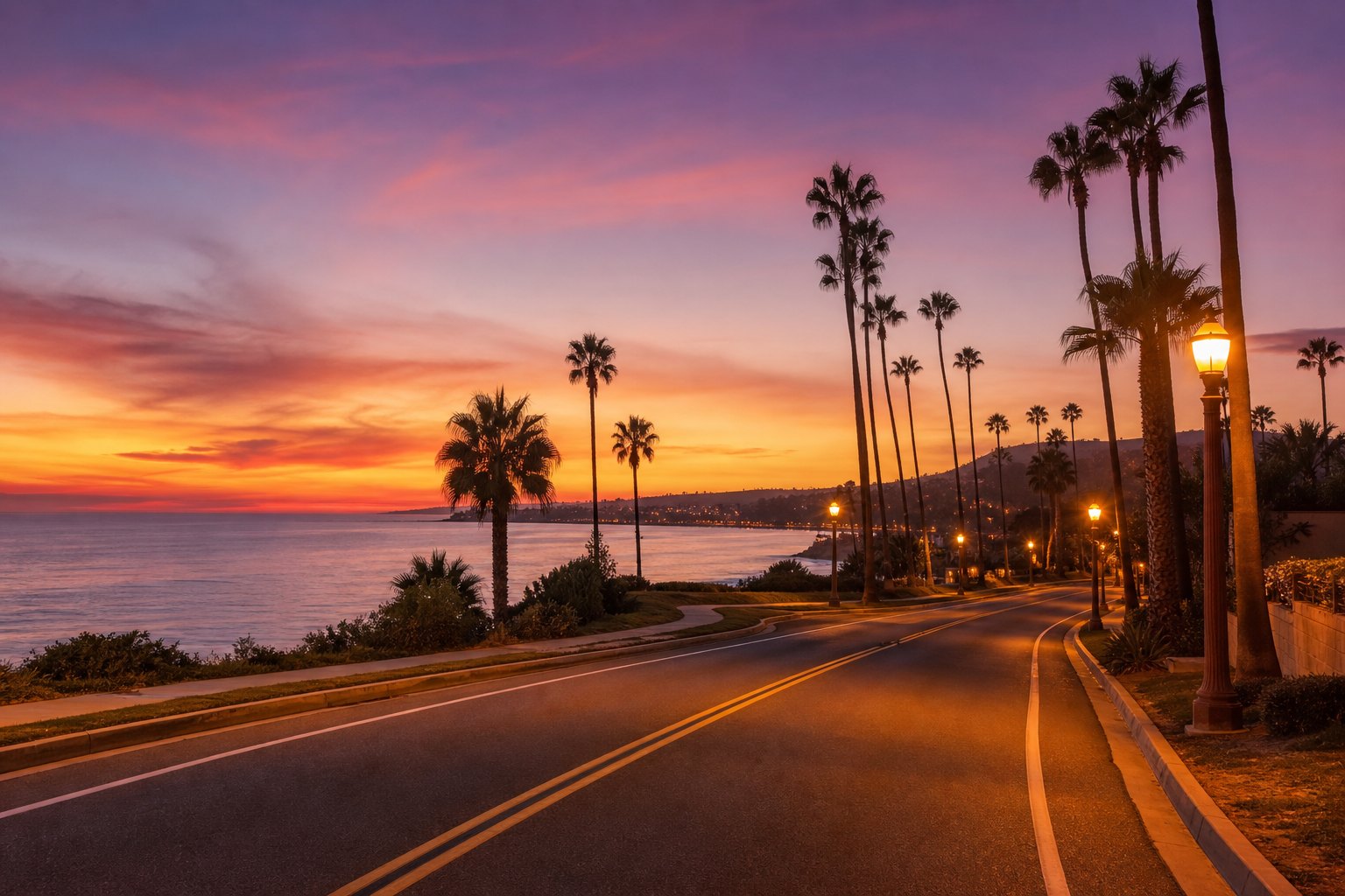 Southern California coastal road at dusk